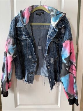 Thrill Distressed Denim Jacket with Pink & Blue Tie-Dye Hoodie Sleeves